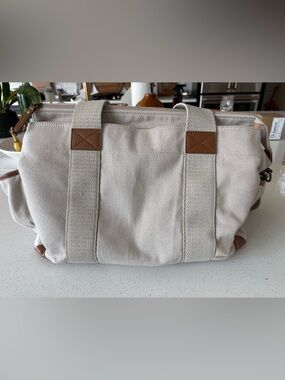 Pottery Barn 3 Large Diaper Bag Neutral Canvas Tote with Brown Trim